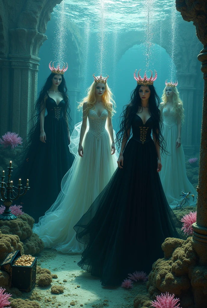"A full-body shot of a (extra wide angle 1:1) portrait, 2 Super realistic Pulchritudinous wampire queens goddesses twin sisters, wearing their diamond pink crystal crown 1:1, and their 3 girlfriends gorgeous blondes and brunettes with perfect extra beautiful (((detaled realistic face))), in a dark deep sea (medieval ballroom very old realistic) in an old gothic palace, under the sea. ((Super-big ballroom.)) gliding neutrally buoyant in the sea. Sinking down at the bottom with their feet up, swimming sideways. The queens have a big light-colored very finely detailed eyes, black super-long long hair. Their Exquisite girlfriend queen have an extra long hair, crown also big bright blue finely detailed eyes.Their wearing black dresses. Pale pink, white, black with gold and diamond dresses. Dresses in many layered lace and chiffon riven apart and wet ( perfect hands, five fingers on each hand.) Small breasts cleavage, (hyper realistic perfect eyes 1:3). Face with Pale perfect detailed skin. Hyper detailed skin on body. Queens surrounded by Perished under-water gothic palace 1:1 On the bottom of the sea are golden crowns 1:1, adorned with pink crystals 1:1. Bright colored blue, pink, orange, green fishes swimming around. Pink Corals. Sea moss. Octopus. Treasure chest with gold and jewelry in it. The scene a beautiful empresses swimming ghostly, their super long 1:1 hair flowing all around. Sad. Scared(Best Quality Detailed faces)1:1. A medieval fairytale vibe, with a big black intricate throne in a corner at the bottom with sea moss on it. In a fantastic scene that uses 3D Surreal 3D model. Big gold gothic medieval five armed on the seafloor, surrounded by crystal wine glasses—one tipped over and broken. The entire setup is masterpiece 1:3 framed with the grandeur of medieval gothic style. photographed in a Canon EOS R5, 50mm Lens, F/2.8, nffsw, (8K)"