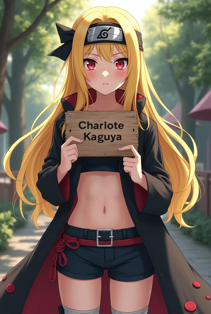 Long yellow-haired girl, wearing a konoha headband and sharingan eyes of the Uchiha clan. Wearing a crop top and shorts and wearing a black seba coat, white and fair-faced and holding a sign that says “Charlote kaguya”
