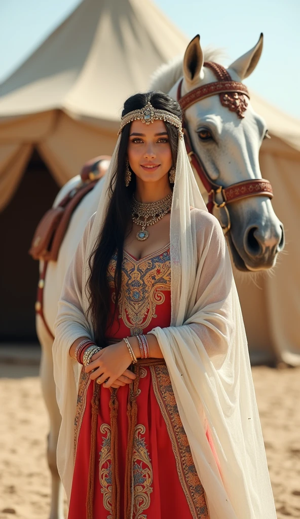 Front view ,Full-body, standing pose, on sand, near sultan tent, ((White Arabian horse, decoration horse harness:1.5)), a Persian ancient girl, looking White horse, exotic Persian girl is 20 years old, (Black hair ,long hair, Brown eye), (Her eyes were outlined with kohl:1.3) , (little Lips, smile), (Gorgeous head band with jewel), (middle breasts, middle hip), (She wore a knee-length light red gorgeous design red gown adorned with intricate embroidery, complemented by light blue bangles and necklaces. A second, longer shawl covered her head and shoulders, Kaunakes ), (framing her face like a White see-through veil), gorgeous sandal, ((Surrealism, UHD, retina, masterpiece, anatomically correct, accurate, textured skin, super detail, high details, high quality, best quality, 8k))