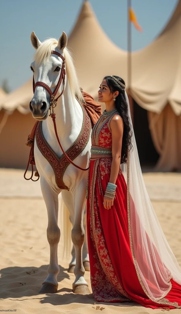 Front view ,Full-body, standing pose, on sand, near sultan tent, ((White Arabian  horse, decoration horse harness:1.5)), a Persian  ancient girl, looking  White horse, exotic Persian girl is 20 years old, (Black hair ,long hair, Brown eye), (Her eyes were outlined with kohl:1.3) , (little Lips, smile), (Gorgeous head band with jewel), (middle  breasts, middle hip), (She wore a knee-length  light red gorgeous design red gown adorned with intricate embroidery, complemented by light blue bangles and necklaces. A second, longer shawl covered her head and shoulders, Kaunakes ), (framing her face like a White see-through veil), gorgeous sandal, ((Surrealism, UHD, retina, masterpiece, anatomically correct, accurate, textured skin, super detail, high details, high quality, best quality,  8k))
