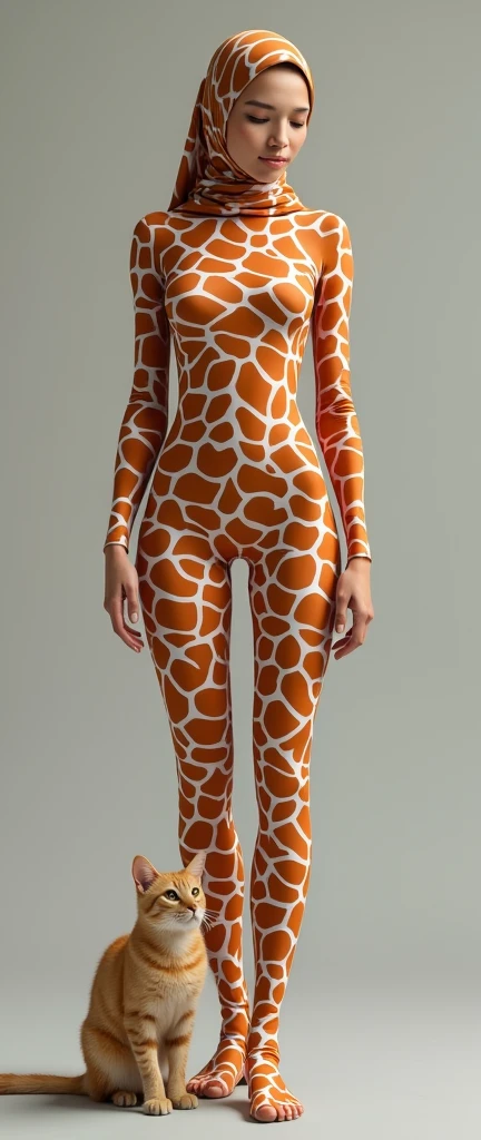 the beautiful,slender thin and clever Malaysian muslimah adult female girl with beautiful cheeks wears giraffe print lycra turtleneck unitard catsuit covered with seamless spots and always wear giraffe print lycra elastane stretchy dancewear hijab covered with seamless spots.She loves to touch a cat.