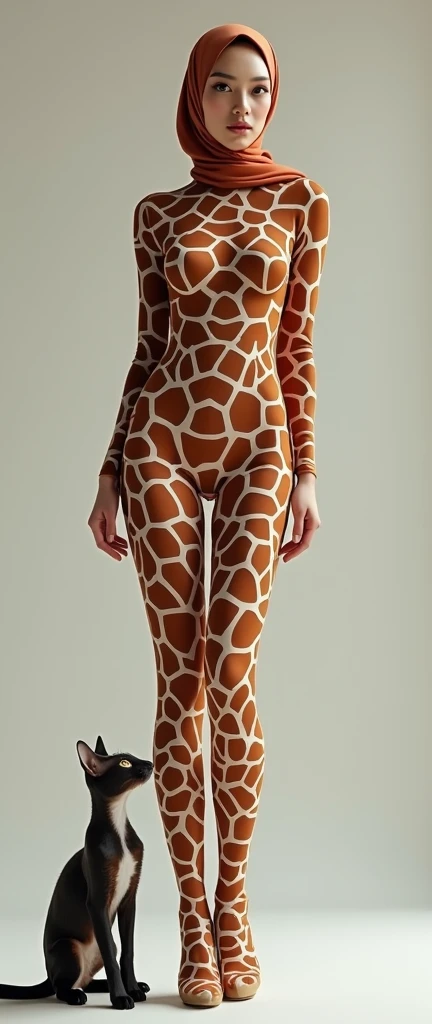 the beautiful,slender thin and clever Malaysian muslimah adult female girl with beautiful cheeks wears giraffe print lycra turtleneck unitard catsuit covered with seamless spots and always wear giraffe print lycra elastane stretchy dancewear hijab covered with seamless spots.She loves to touch a cat.