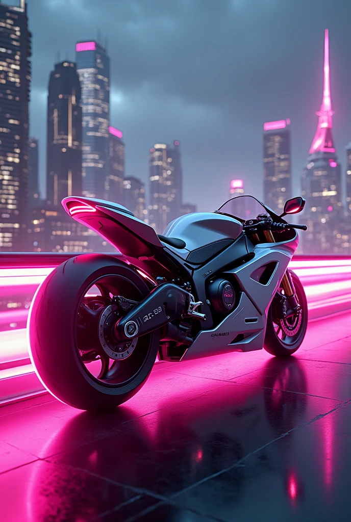 futuristic motorcycle, with pink lights, advanced technology and a futuristic illuminated city in the background