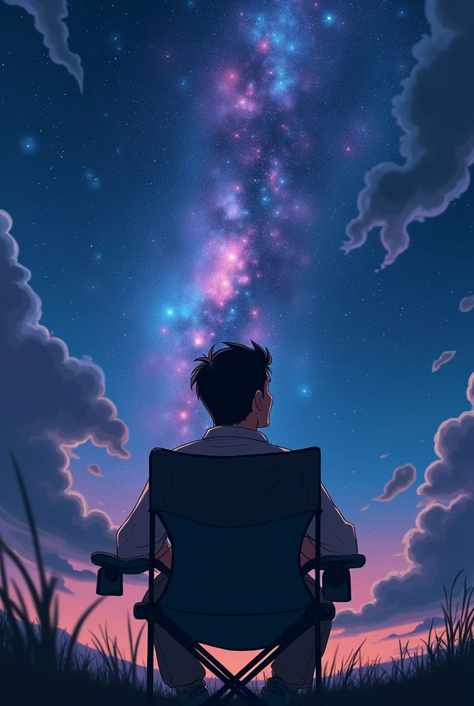 A man sitting in a camping chair、A night sky with fantastic stars、Putting men at the heart of design、A close-up shot of a man taken from below at an angle、Anime characters、Fine details