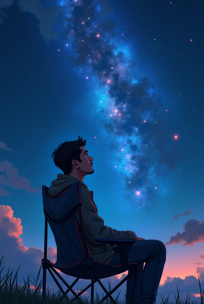 A man sitting in a camping chair、A night sky with fantastic stars、Putting men at the heart of design、A close-up shot of a man taken from below at an angle、Anime characters、Fine details