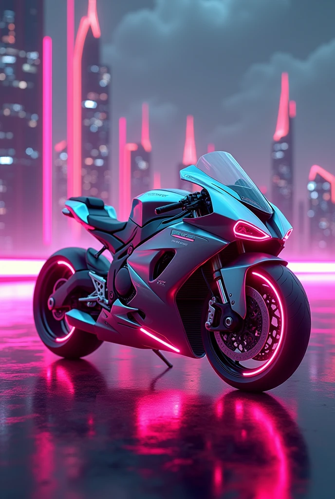 futuristic motorcycle, with pink lights, advanced technology and a futuristic illuminated city in the background