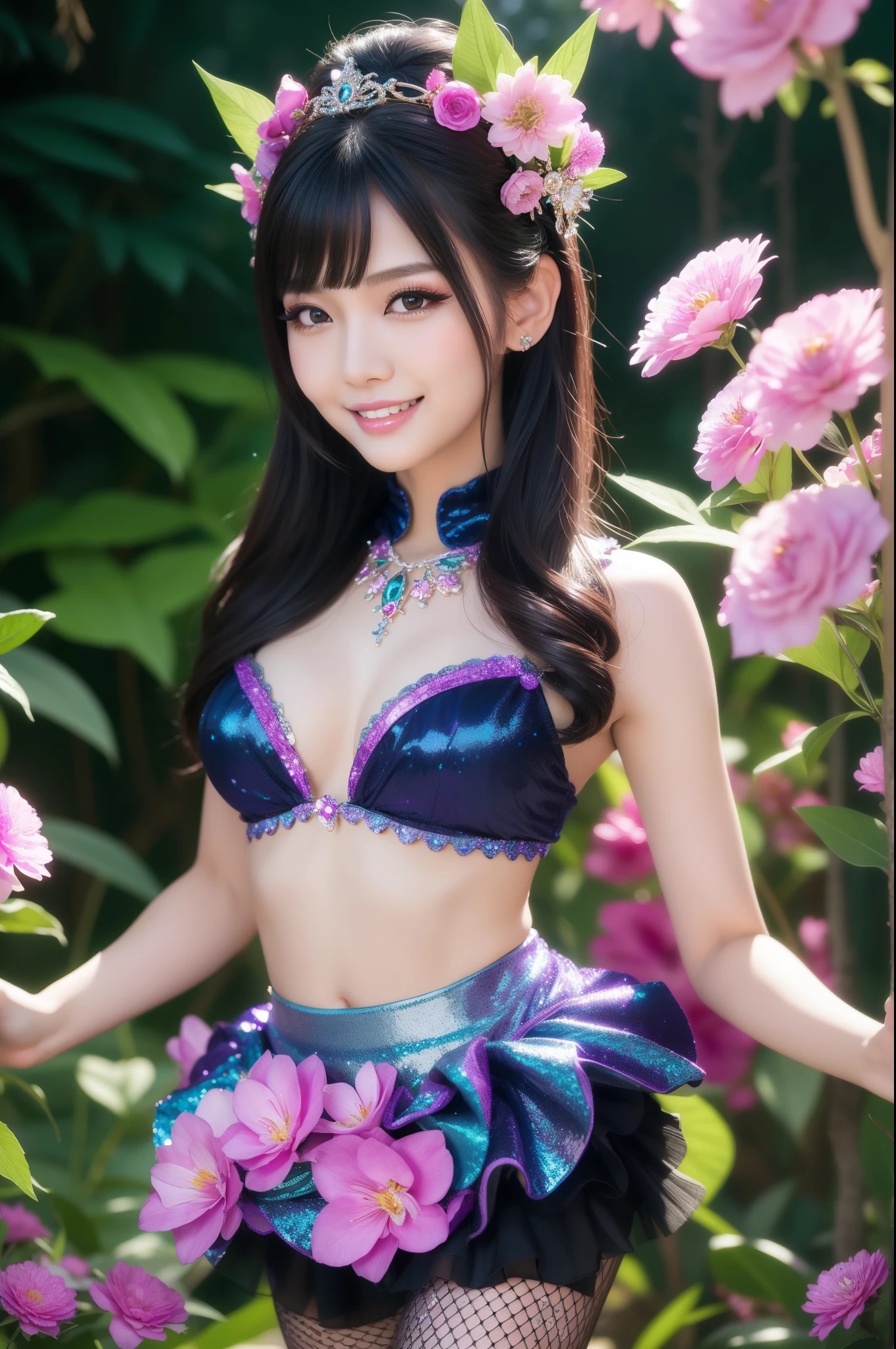 sexy stylish Thai model who controls poison、beautiful smile、lipgloss、long lashes、dramatic makeup、look at the camera、full body Esbian、、sparkling poisoned enchanted lucid flower costume with flowers、、、、shiny sparkling colorful short hair、secrete poison、skull hair accessories、fishnet tights、shiny sparkling dark magic forest background
