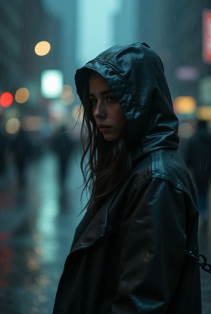 A girl with a hood alone in the rain, real photo, pouring rain, loneliness, best quality, ultra-detailed, realistic, portrait, dark tone, misty atmosphere, wet streets, hooded raincoat, melancholy expression, invisible umbrella, lights sparkling, Urban environment, high resolution, vivid colors, Bokeh, night scene, NYC cityscape、Broken chain、((motion-blur:1.5, Broken Chain in foreground:1.5)), blurred foreground, (focus on eyes:1.3)