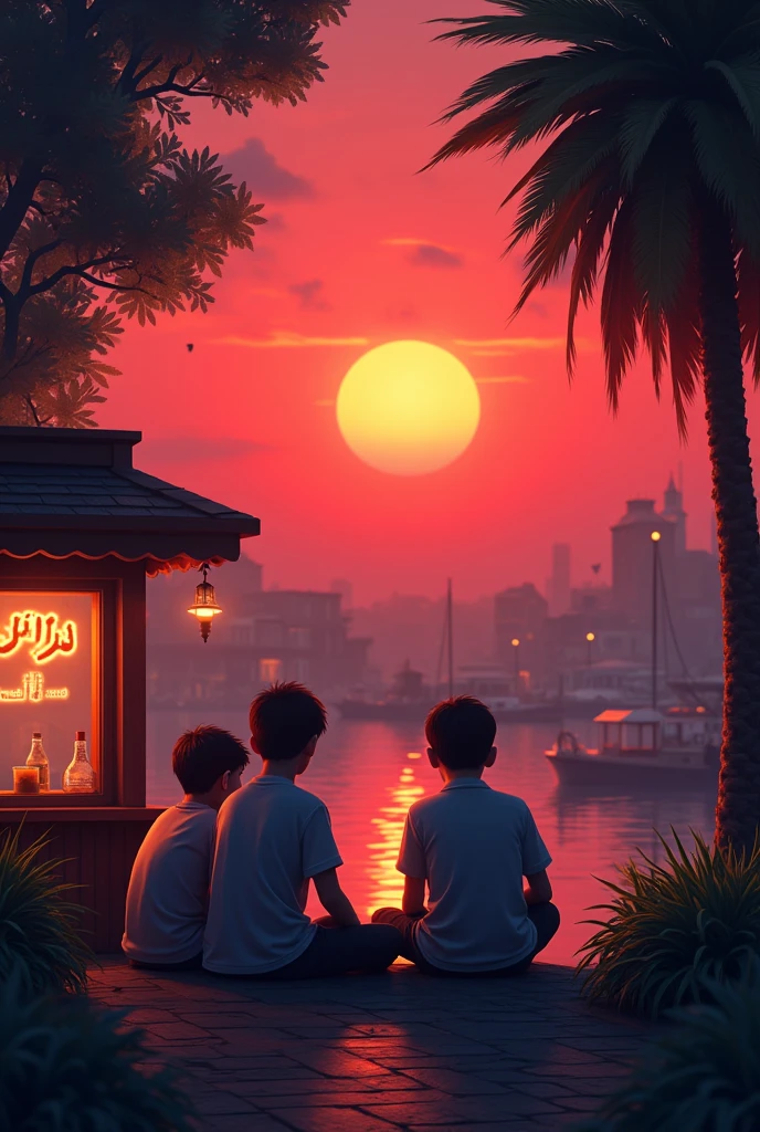 A quiet evening at sunset, with a red horizon on the horizon. Some Islamic boys are sitting in front of a small café in the middle of the beautiful, wonderful city, by the trees.