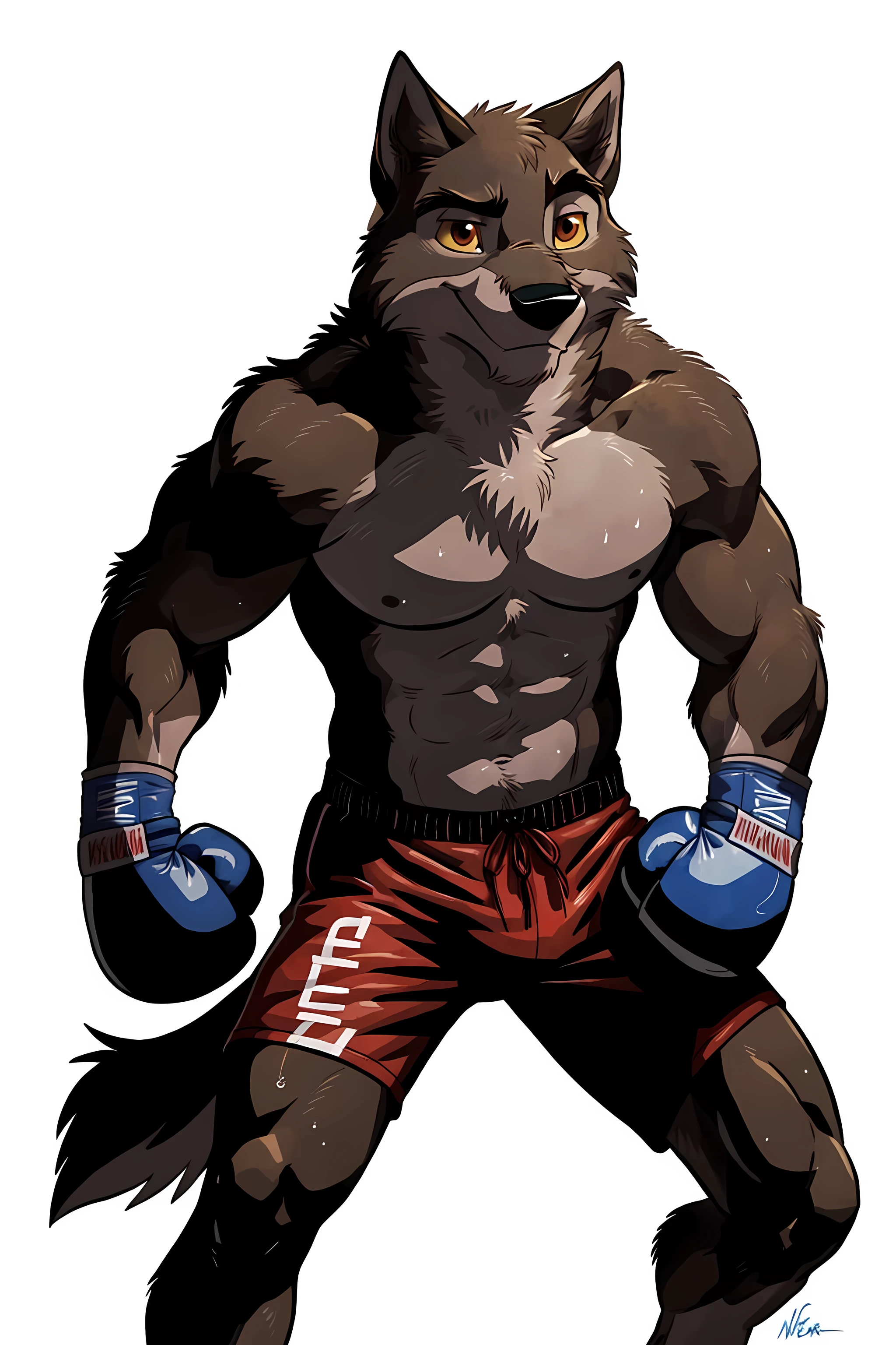 balto, baltowd, brown eyes, yellow sclera, solo, detailed, detailed face, detailed eyes, anthro body, black lineart, black outline, male, masculine, adult, muscular body, cartoon shading, confident, proud, smile, front view:1.1, boxing shorts, wolf tail, (wearing boxing gloves, detailed boxing gloves):1.1, (no background, white background):1.5, bare chest, by wfa, by negger, cel shaded:1.2, boxing stance, action pose, exhausted, sweaty:1.2, stern face