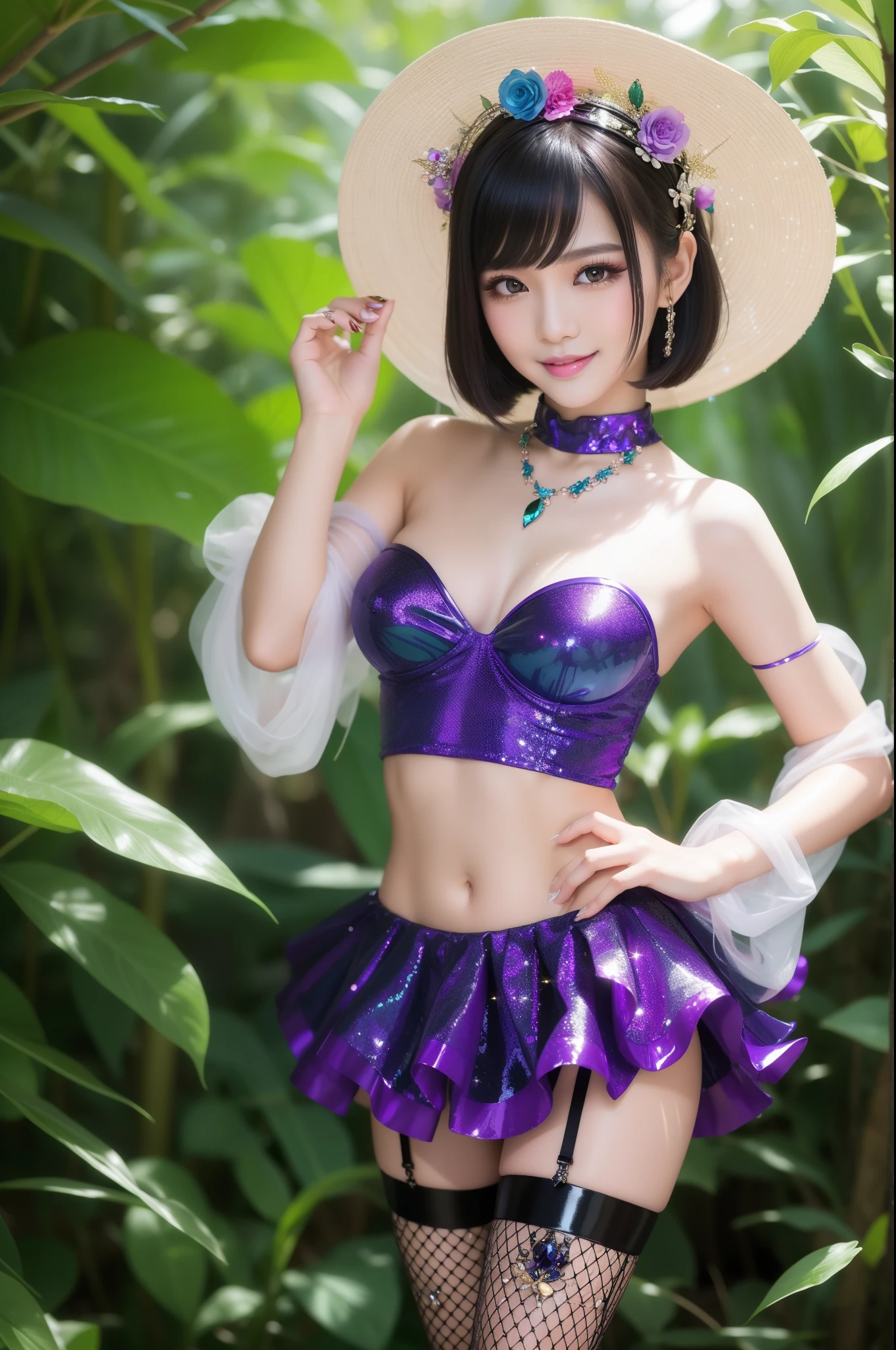 sexy stylish Thai model who controls poison、beautiful smile、lipgloss、long lashes、dramatic makeup、look at the camera、full body Esbian、、sparkling poisoned enchanted lucid flower costume with flowers、、、、shiny sparkling colorful short hair、secrete poison、skull hair accessories、fishnet tights、shiny sparkling dark magic forest background