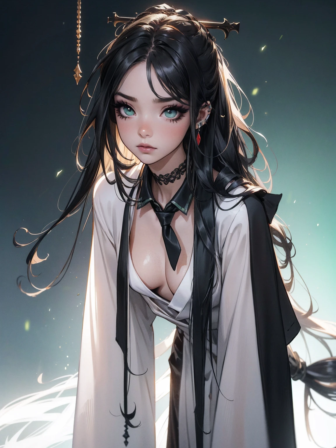 emo_hairstyle, (piercings), (black necktie), ((long hair)), ((straight hair)), (((black hair))), side swept bangs, white skin, pale, white, (green eye), tired expression, choker, ((dark makeup, mascara, eyeshadow)), multiple piercings, best quality, 8k, dark laboratory, dim lighting, white shirt, erotic, slytherin, black and white robes, (small breasts, cleavage, strap gap, leaning forward, hanging breasts), hogwarts robes. (((small breasts)))