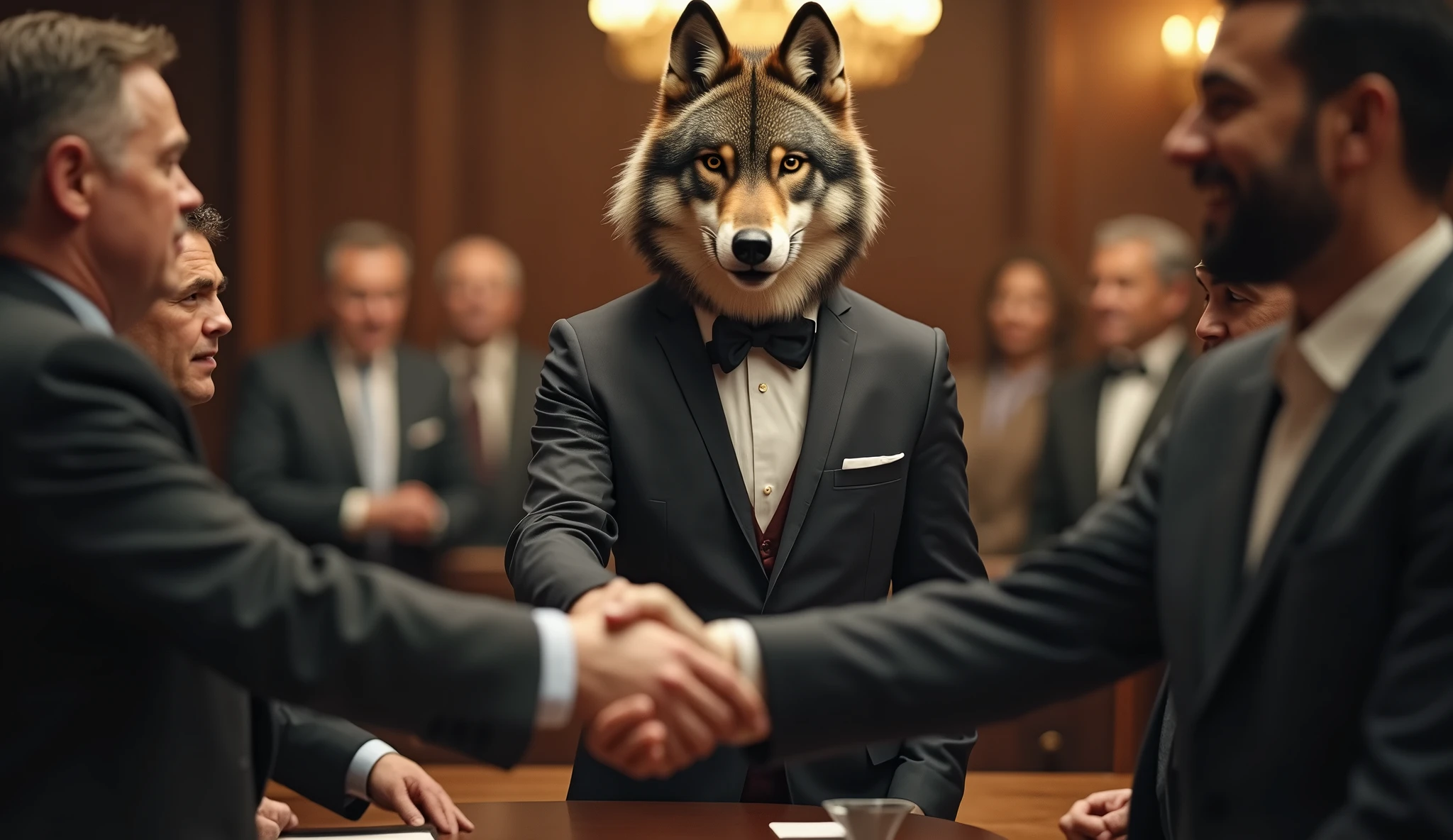 A wolf in a suit and bowtie、Shaking hands with executives at a summit, Realistic, detailed, Vintage, office lighting
