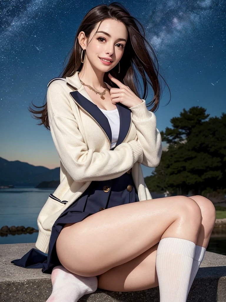 /*Quality writing*/
Supermodel body type,of the highest quality, 80 K, masutepiece, hyperdetailed face, very detailed lips, Detailed eyes, Realistic pupils,very slender legs,Perfect plump breasts,perfect big ass,Perfect clean skin,ultra-detailed hair,
Break,
/*Characters and expressions*/
(Extremely beautiful girl:1.3), Asian Girl, 1 girl, Light on Face, 1, (((Very sweet smile))), (Permalo Hairstyles)
BREAK
/*garments*/
(School uniform),(Jacket),(Sailor Suit),(high socks), lowfers,(The most gorgeous necklaces in the world), (The most gorgeous earrings in the world)
BREAK
/*Pose*/
(Anne Hathaway),(Big Bottom:1.2), back viewing,nice hand, Perfect hands, Perfect fingers,Full body,(The perfect shoe),Break HA
/*Angular posture*/
(Sparkling night sky:1.2), Looking at Viewer