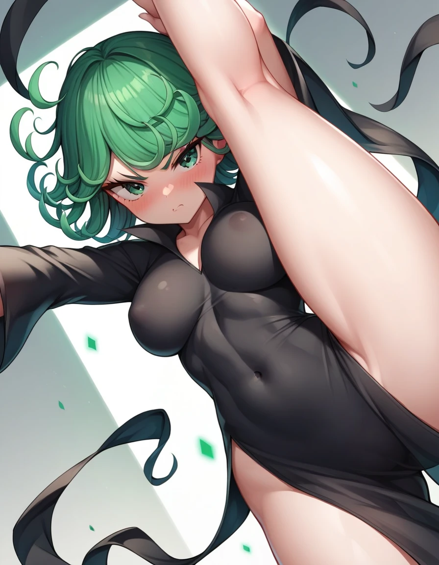 score_9, score_8_up, score_7_up, source_anime, best quality, clear face, Tatsumaki, green hair, green eyes, long hair, large , perfect body, standing, looking at viewer, angry cute, only wearing black dress, dynamic angle, indoor,clothes,blushing,embrassed,see though clothes, view,bending over, upside down,girl upside down sexy