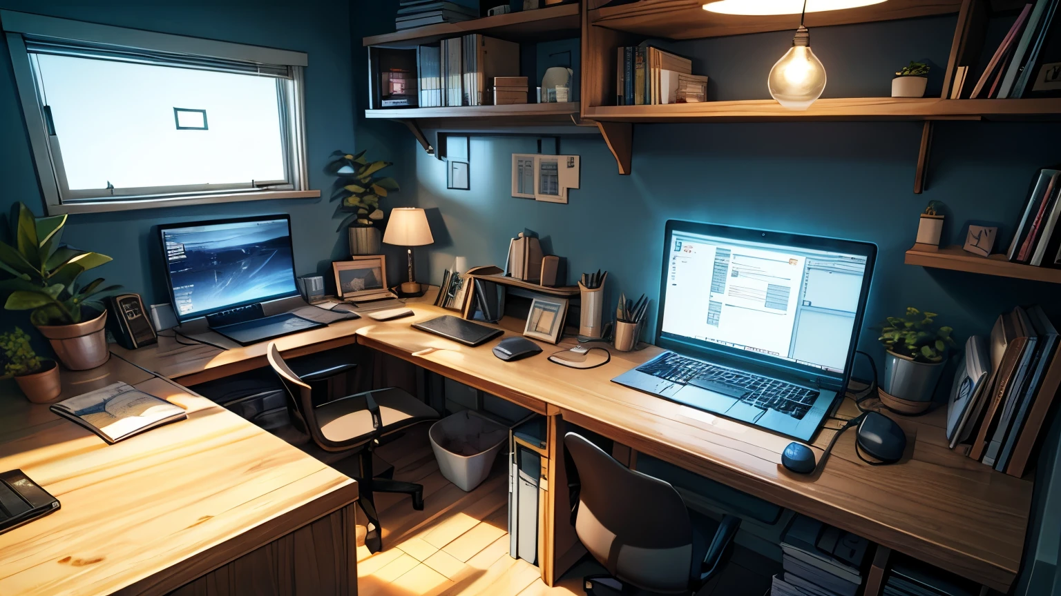 An anime-style scene of a cozy programmer's workspace. The desk is neatly arranged with a laptop displaying code, a mechanical keyboard, and a few tech gadgets. Surrounding the desk are comforting elements like a steaming coffee mug, a potted plant, and a desk lamp casting soft, warm light. In the background, large windows let in natural light, and shelves are filled with books, decorations, and some tech equipment. The color palette includes soothing pastel tones with soft, rounded lines, creating a calm and productive atmosphere.