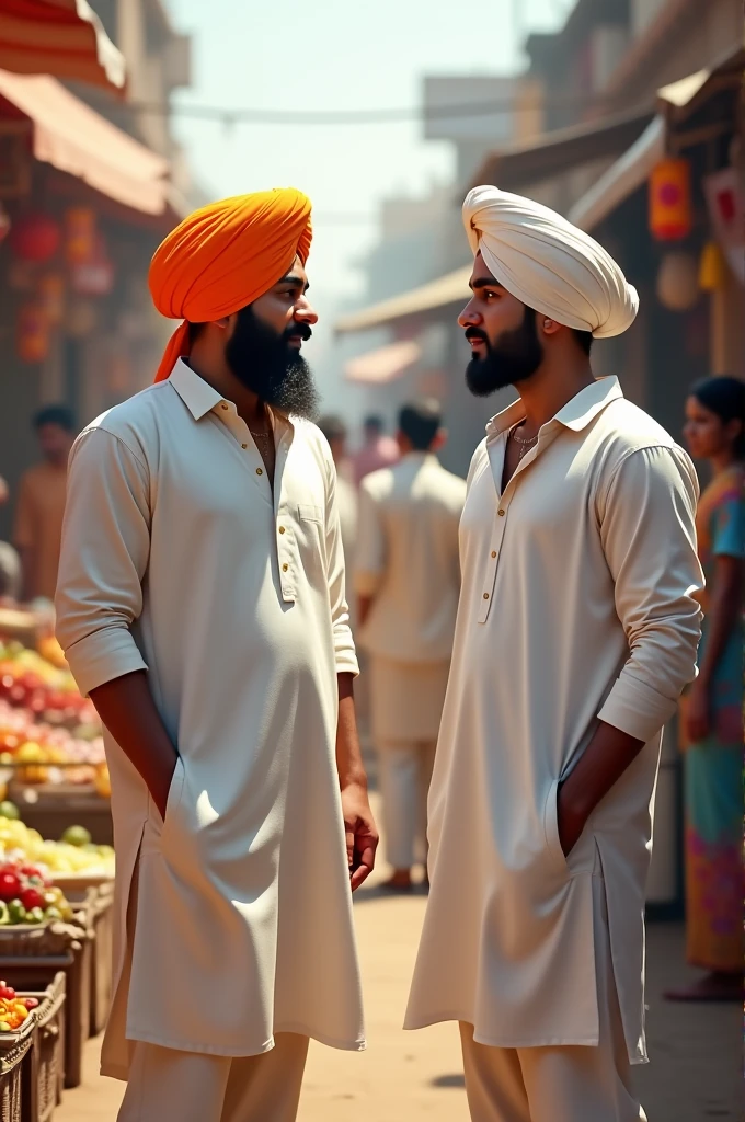 Two young men are talking to each other, in a market, they are both wearing white color punjabi pajamas and caps, it will be morning,