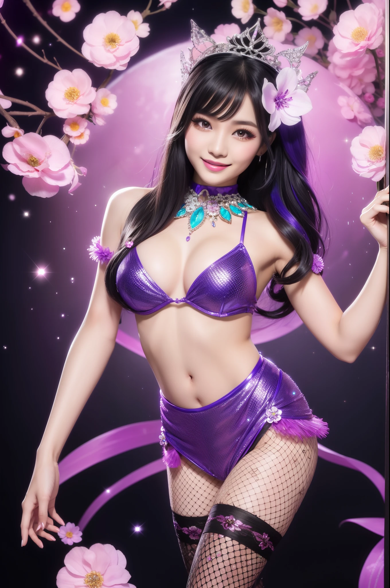 sexy Thai model who controls poison、beautiful smile、lipgloss、long lashes、smokey eyeshadow、look at the camera、full body Esbian、、sparkling poisoned flower costume、、、、sparkling Colorful hair、secrete poison、skull hair accessories、fishnet tights、shiny sparkling flowers background