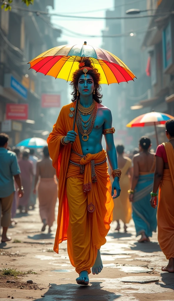 Imagine Shri Krishna , the revered Hindu deity, strolling down a bustling road. He holds a colorful umbrella in his hand, which contrasts with his traditional attire and the lively urban backdrop. The scene blends the divine with the everyday, showcasing Ganesh Ji’s serene presence amidst the modern world.”