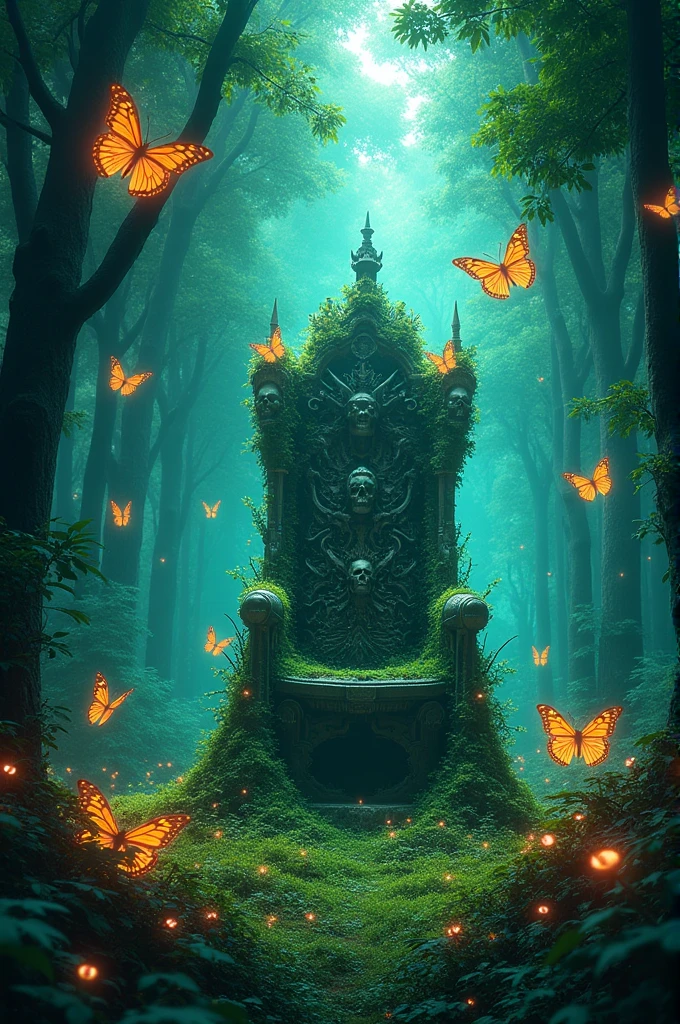 Background green forest covered full of monkey.neon colour butterfly alover the place on skull throne middle of the forest