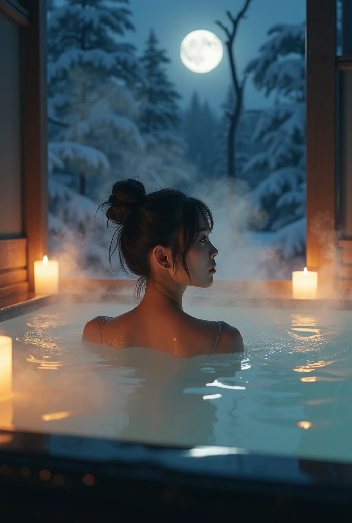 8k,RAW photo, ultra high res, realistic photo, extremely quality photo, A Japanese woman immersed up to her shoulders in an open-air hot spring covered in snow。Steam rising from the air creates a fantastic atmosphere.。Hair is tied up。Moonlight and candlelight、The woman's skin is shining brightly and stands out in the darkness.。