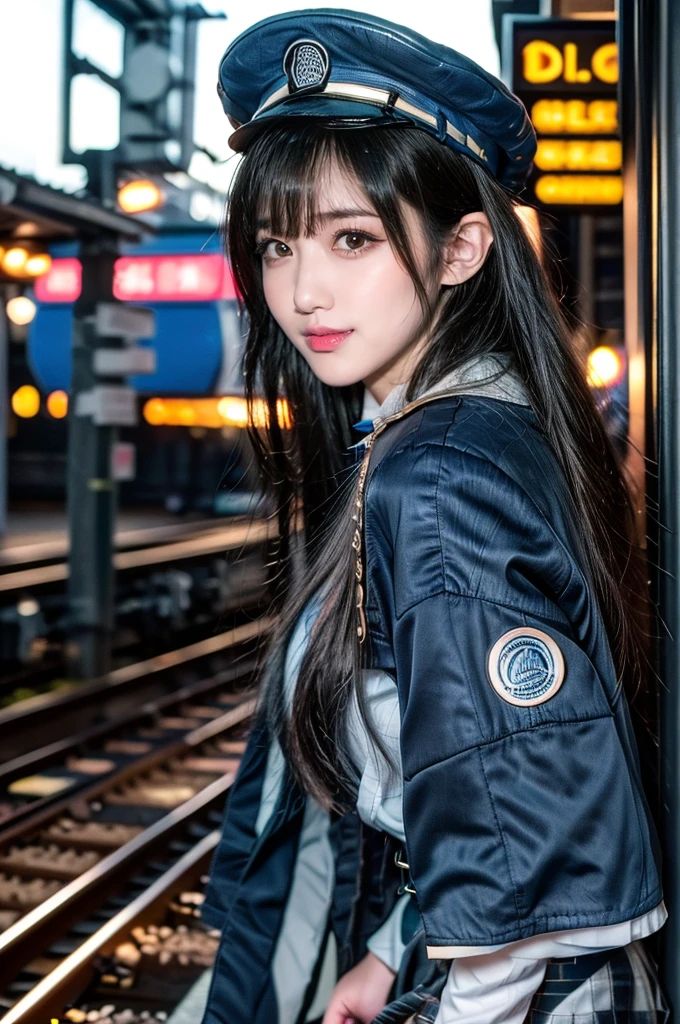 ultra-detailed、(8k、Highest quality、masterpiece:1.2)、(Realism、Realistic:1.37)、Ultra-high resolution、detailed face、(Highest quality)、(masterpiece)、1girl,Diesel,long black hair,blunt bangs,wearing Diesel's wear, railroad worker's cap,jacket,blouse,necktie,miniskirt,black high socks,slender body,diamond face,heart shaped face, Kind eyes, lowered eyebrows, natural makeup,happy smile:1.3,soft smile:1.5,standing, floating hair, touch hair,train station of future,