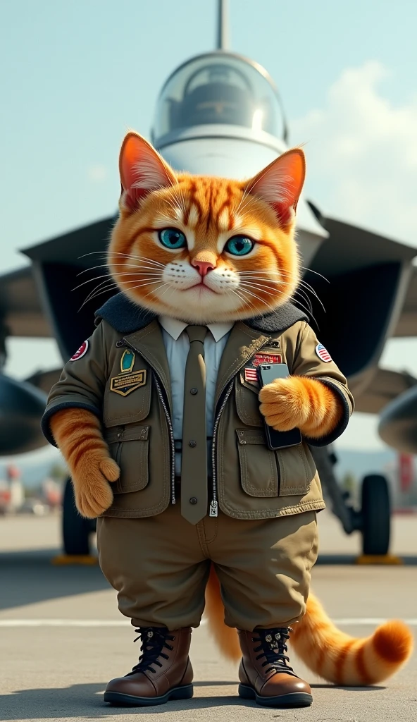 Make a picture of a fat orange cat with blue eyes, flat nose, facing the camera, wear pilot clothes, sports shoes and tie, in hand carrying iphone, standing in front of a fighter jet with a military airport in the background, wide, full body, 8k super realistic