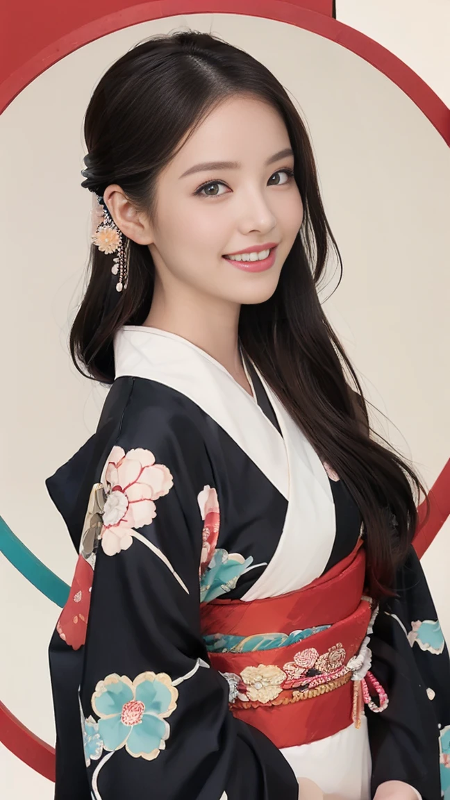 (SeaArt creates stunning illustrations of beautiful women in kimono)、Vividly colored Japanese Ukiyo-e style illustrations、A beautiful woman smiles and shows her upper white teeth、Brown-black long hair、Beautiful full body style、If you want to dance, let's dance, Tokyo Ondo, Yoi Yoi、Beautiful new digital paintings,、Bright vibrant digital anime art、 Beautiful anime portraits、background,Torii gate front of Japanese shrine、 Detailed digital anime art