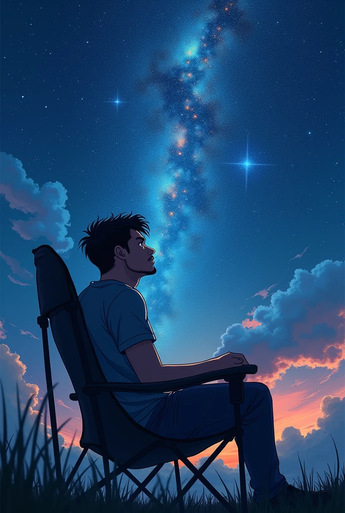 A man sitting in a camping chair、A night sky with fantastic stars、Putting men at the heart of design、A close-up shot of a man taken from below at an angle、Anime characters、Fine details