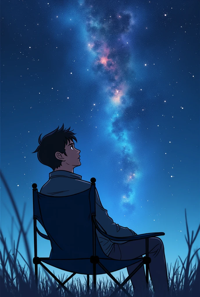 A man sitting in a camping chair、A night sky with fantastic stars、Putting men at the heart of design、A close-up shot of a man taken from below at an angle、Anime characters、Fine details