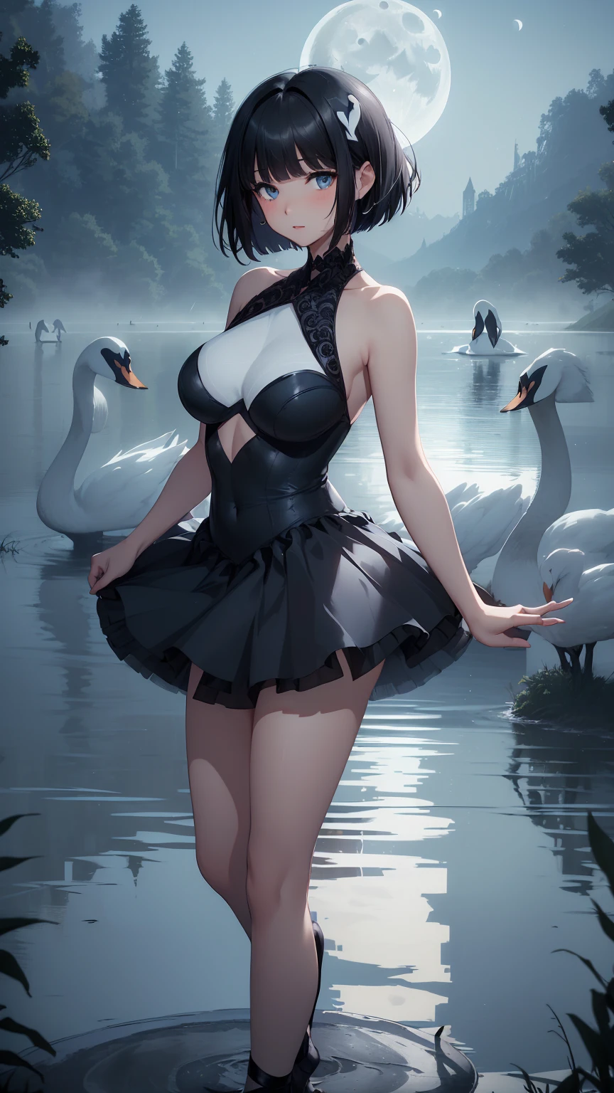 Highest quality, flying debris、Beautiful woman、Black Hair、(Dark blue eyes、Blunt bangs、Blunt bangs)、short hair、beginner,Full body portrait、break(Ballet Dancer、Gorgeous ballet dress、Tutu skirt:1.2)、break(((The lake of swan、Moonlit Night:1.3))),(Big Breasts:1.2)、((The fog is thick.))、BREAK((Black and light blue theme:1.2))