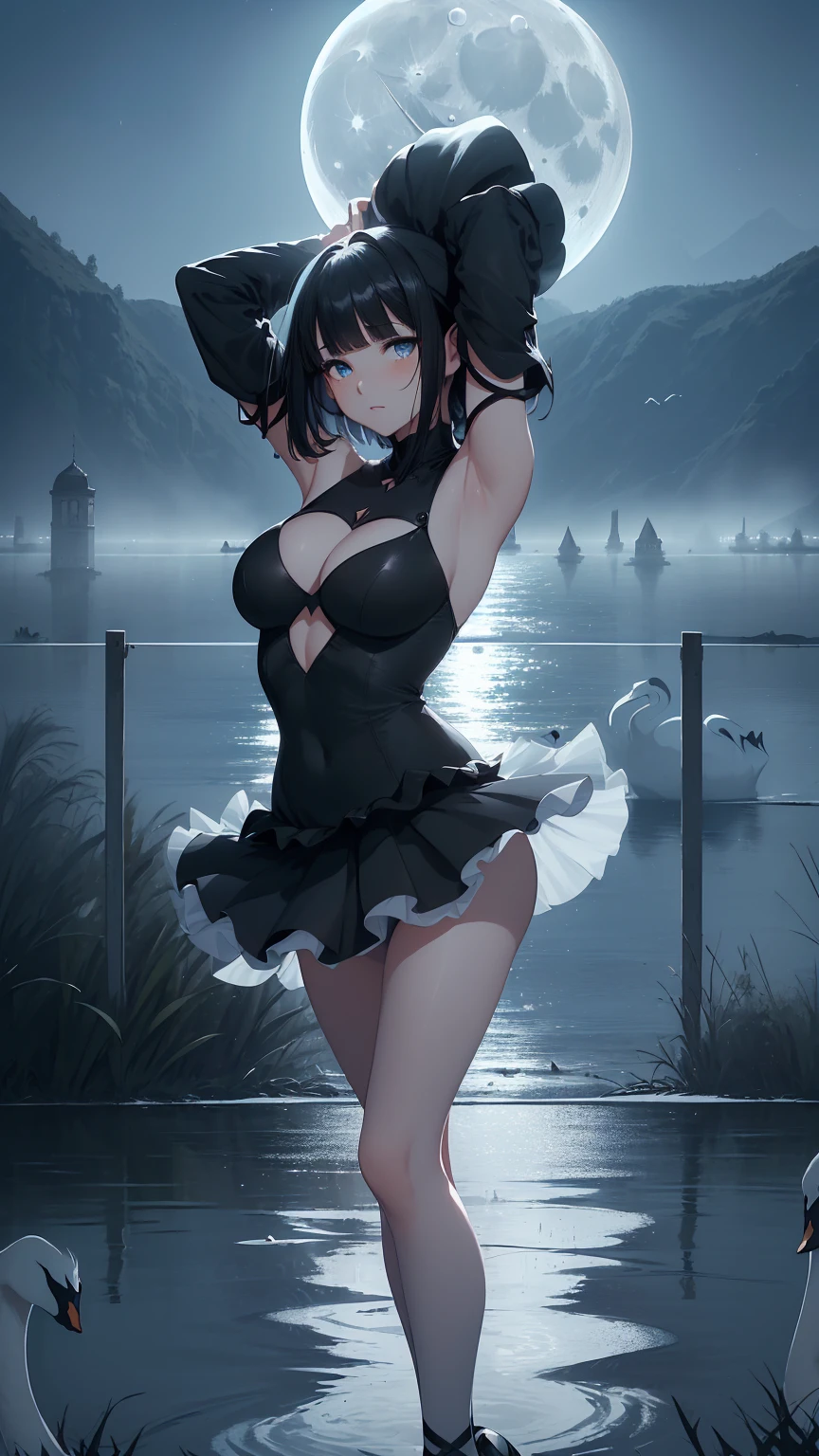 Highest quality, flying debris、Beautiful woman、Black Hair、(Dark blue eyes、Blunt bangs、Blunt bangs)、short hair、beginner,Full body portrait、break(Ballet Dancer、Gorgeous ballet dress、Tutu skirt:1.2)、break(((The lake of swan、Moonlit Night:1.3))),(:1.2)、((The fog is thick.))、BREAK((Black and light blue theme:1.2))
