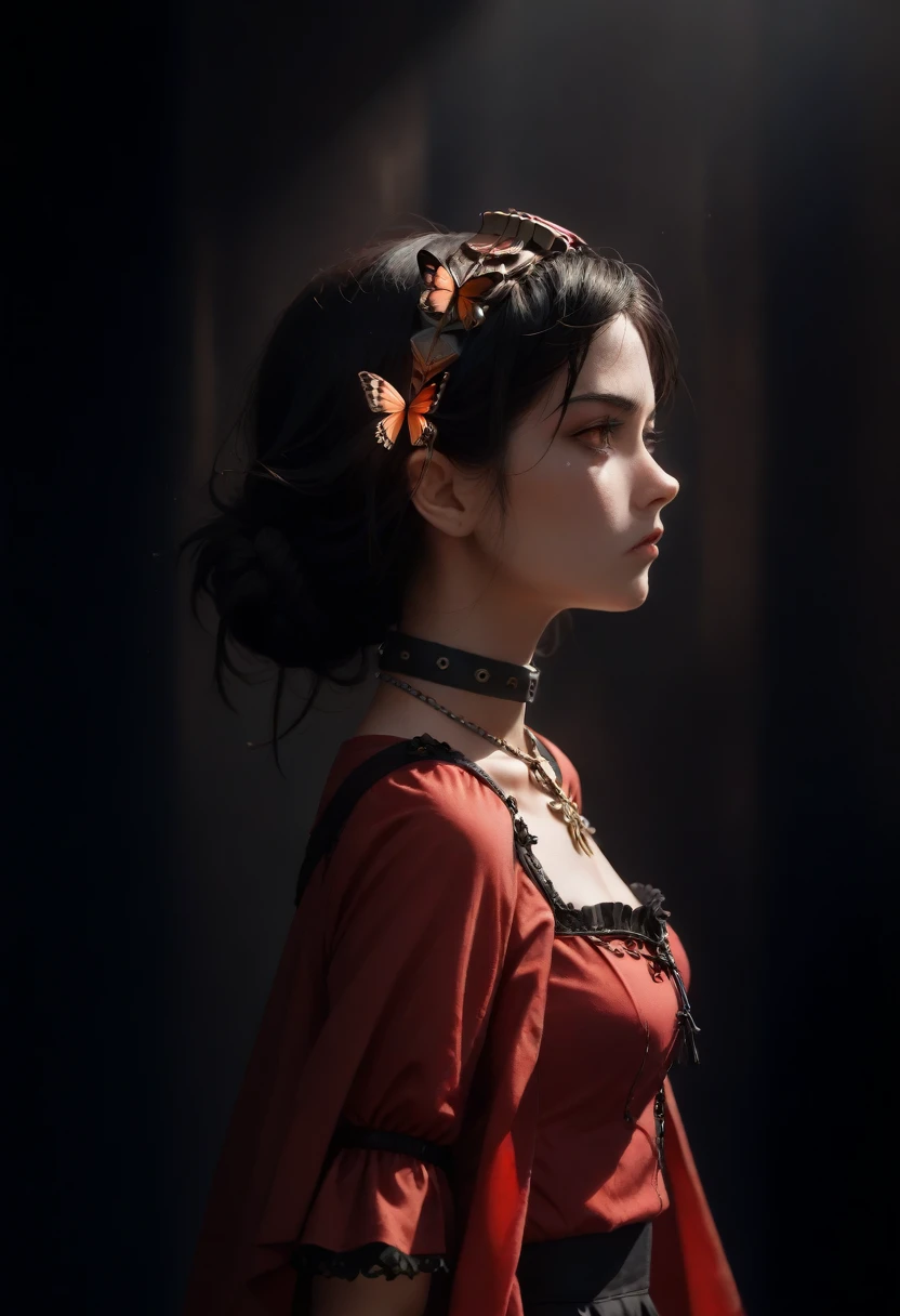 Expressionless,,(Dark Fantasy),((Wonderful Illustration)),(Detail Splash), long black hair, red pupils, girl, pure black dress, only the collar, cuffs and skirt are dark red, ears Pinned to the side is a red butterfly barrette, masterpiece, best quality, high quality, headpiece,, red and black crystal necklace, black knee socks