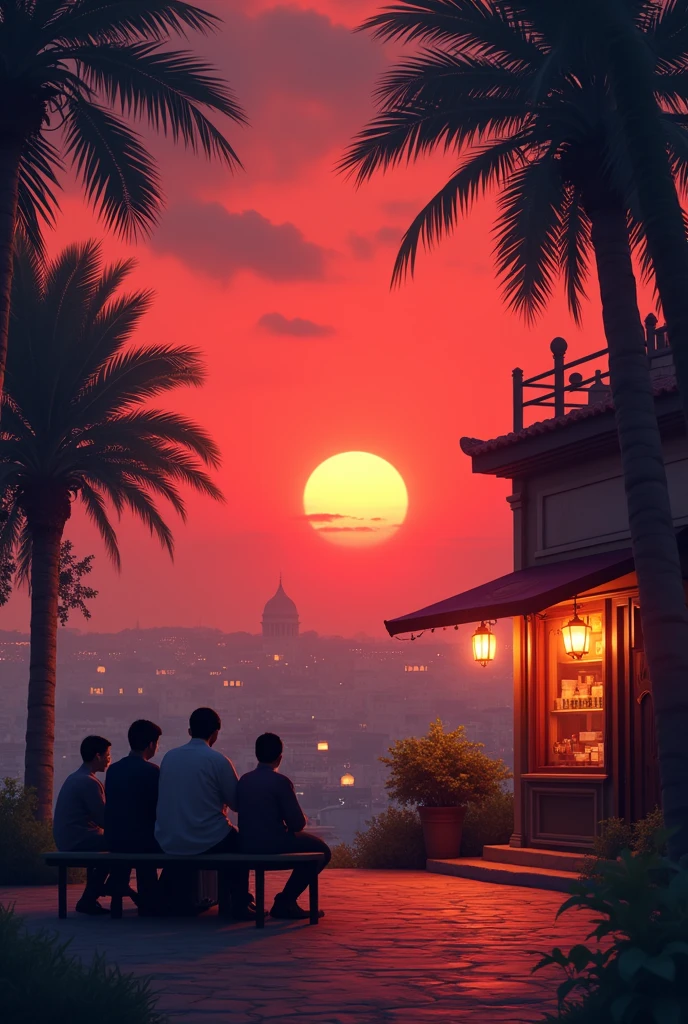A quiet evening at sunset, with a red horizon on the horizon. Some Islamic boys are sitting in front of a small café in the middle of the beautiful, wonderful city, by the trees.