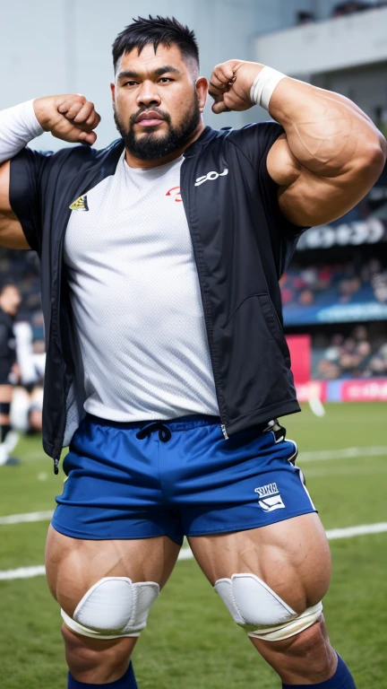A middle-aged Japanese rugby player、Groundに立っている。Lager shirt。White shorts。bulge。White shortsの股間は大きく盛り上がっている。Masculine face。Kind Face。Handsome face。Big body。Big muscles。thick limbs。Ground。bulge。White shorts。Photorealistic。
