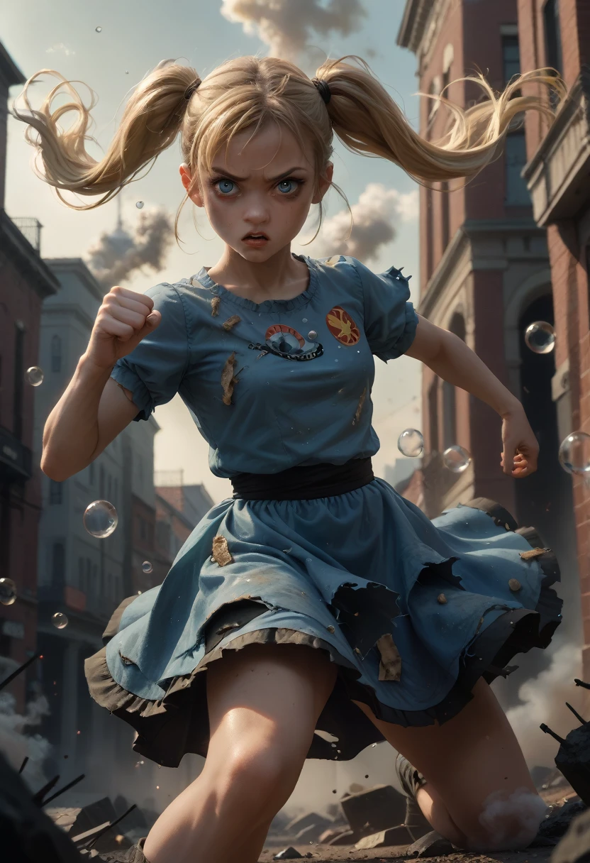 masterpiece, best quality, Bubbles, blue dress, blonde pigtails, pretty face, insanely detailed eyes, intense look, fighting pose, destroyed city, distant fires, rising smoke, 