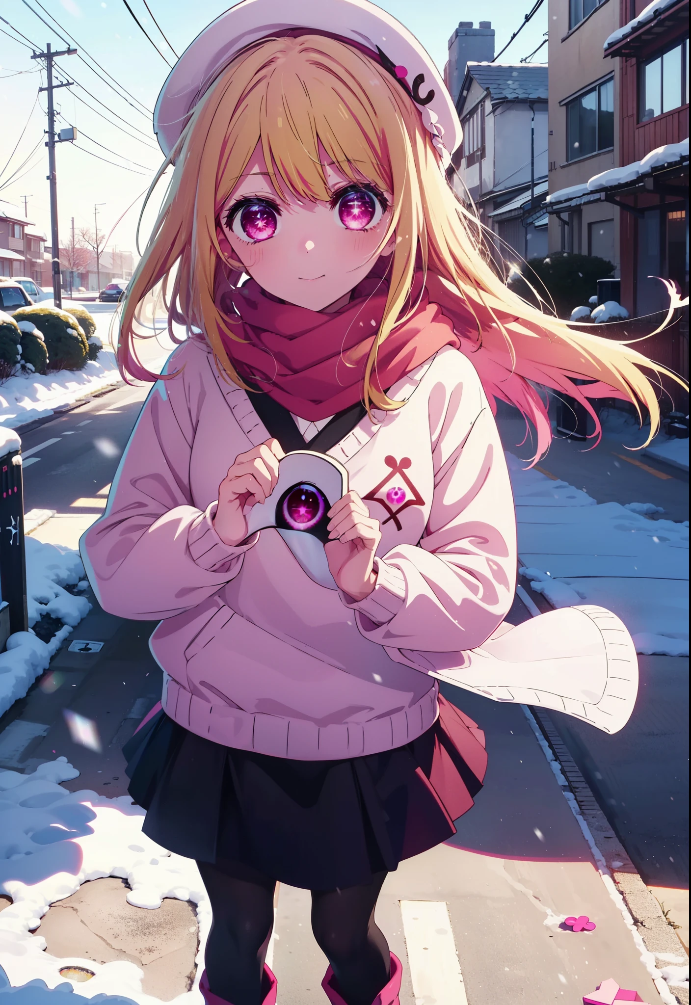 rubyhoshino, Ruby Hoshino, Long Hair, bangs, blonde, (Pink Eyes:1.3), (Symbol-shaped pupil:1.5), Multicolored Hair, Two-tone hair, smile,white breath,Knitted hat,Purple scarf,A long red coat,V-neck sweater,Long skirt,Black Pantyhose,short boots,snow,snow,snow,snow,snowが積もっています,snowが降る,whole bodyがイラスト入るように,Hide in a roofed building,
break outdoors, Area,
break looking at viewer, whole body,
break (masterpiece:1.2), Highest quality, High resolution, unity 8k wallpaper, (shape:0.8), (Beautiful attention to detail:1.6), Highly detailed face, Perfect lighting, Highly detailed CG, (Perfect hands, Perfect Anatomy),