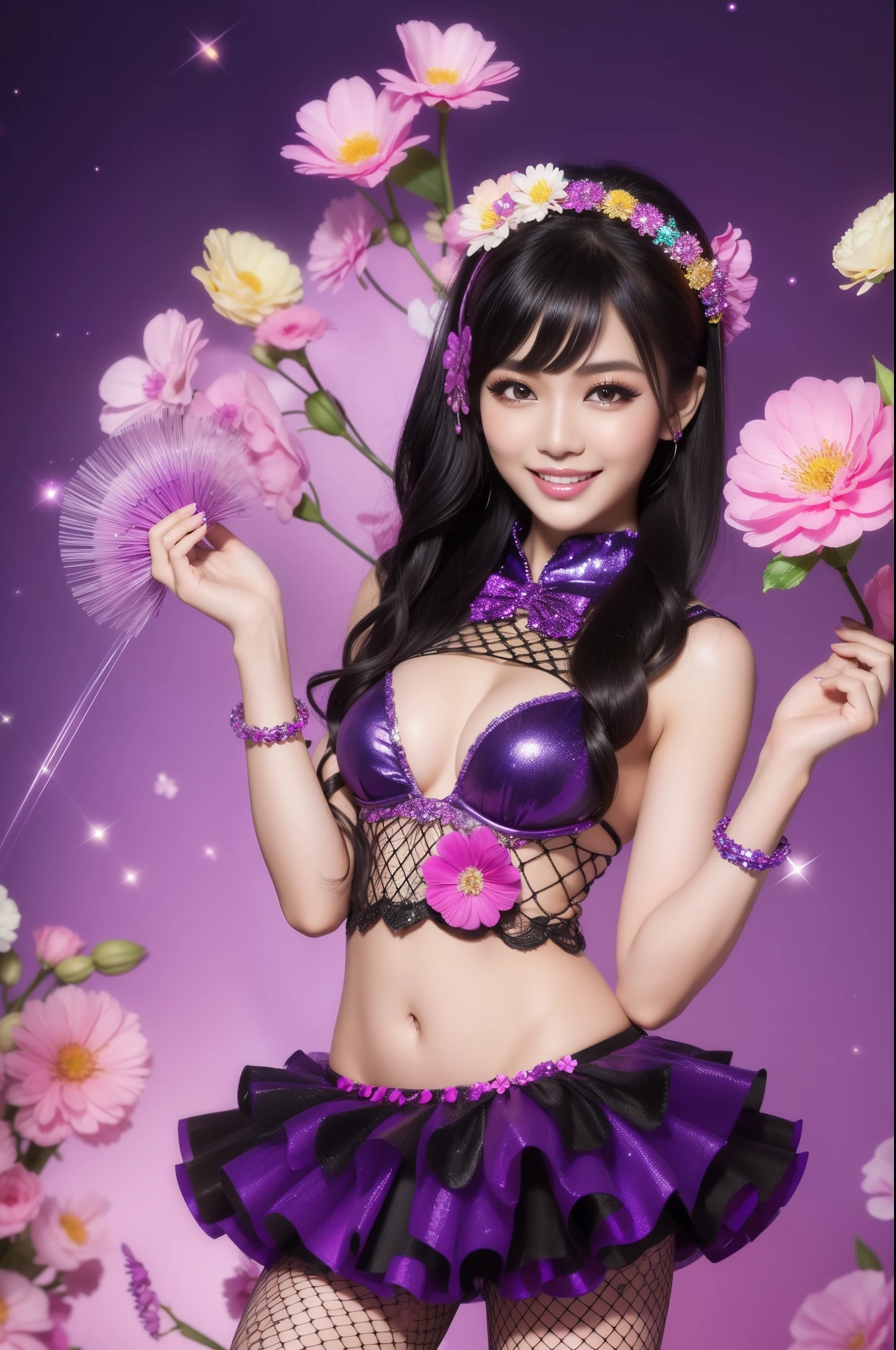 sexy Thai model who controls poison、beautiful smile、lipgloss、long lashes、smokey eyeshadow、look at the camera、full body Esbian、、sparkling poisoned flower costume、、、、sparkling Colorful hair、secrete poison、skull hair accessories、fishnet tights、shiny sparkling flowers background