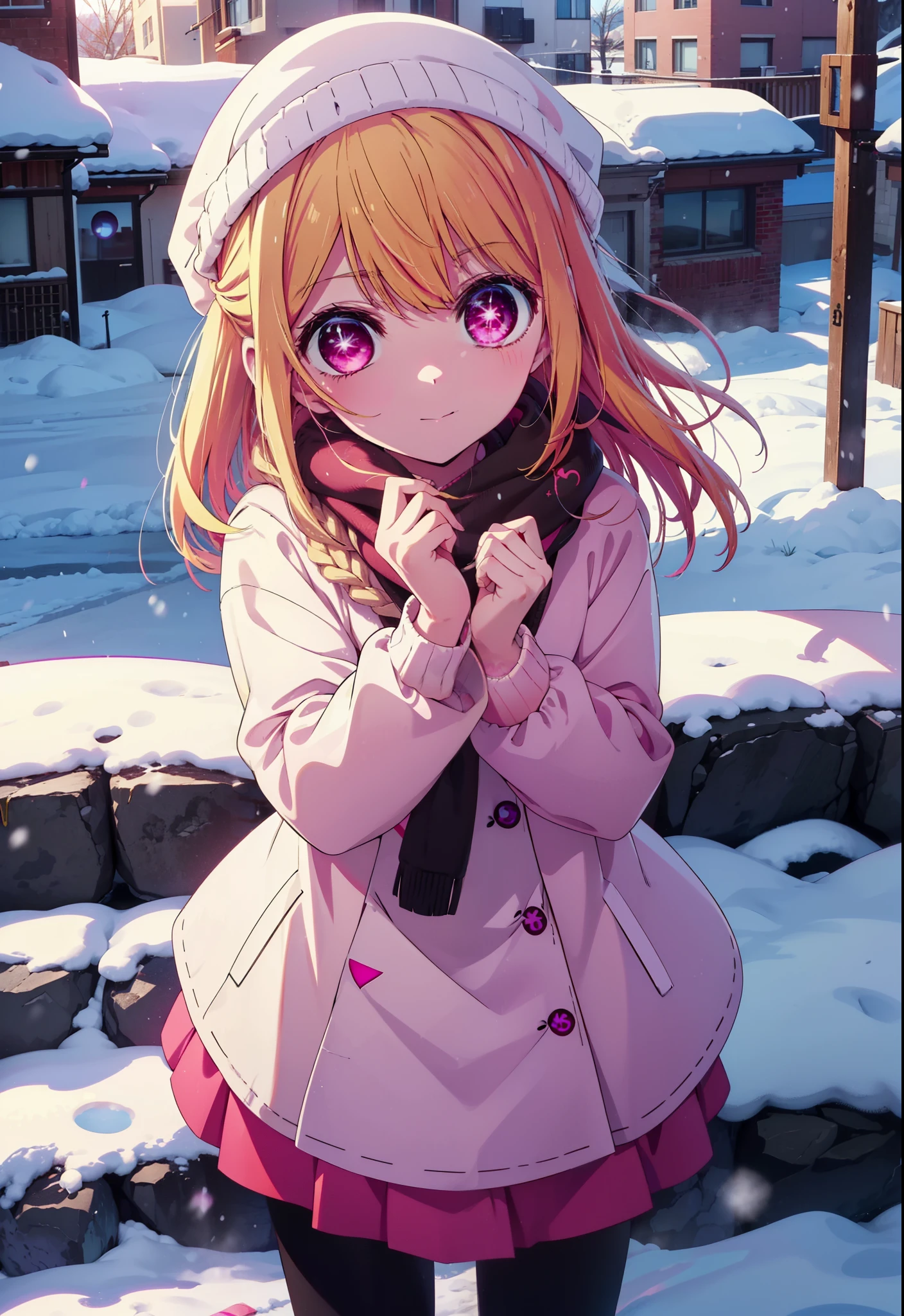 rubyhoshino, Ruby Hoshino, Long Hair, bangs, blonde, (Pink Eyes:1.3), (Symbol-shaped pupil:1.5), Multicolored Hair, Two-tone hair, smile,white breath,Knitted hat,Purple scarf,A long red coat,V-neck sweater,Long skirt,Black Pantyhose,short boots,snow,snow,snow,snow,snowが積もっています,snowが降る,whole bodyがイラスト入るように,Hide in a roofed building,
break outdoors, Area,
break looking at viewer, whole body,
break (masterpiece:1.2), Highest quality, High resolution, unity 8k wallpaper, (shape:0.8), (Beautiful attention to detail:1.6), Highly detailed face, Perfect lighting, Highly detailed CG, (Perfect hands, Perfect Anatomy),