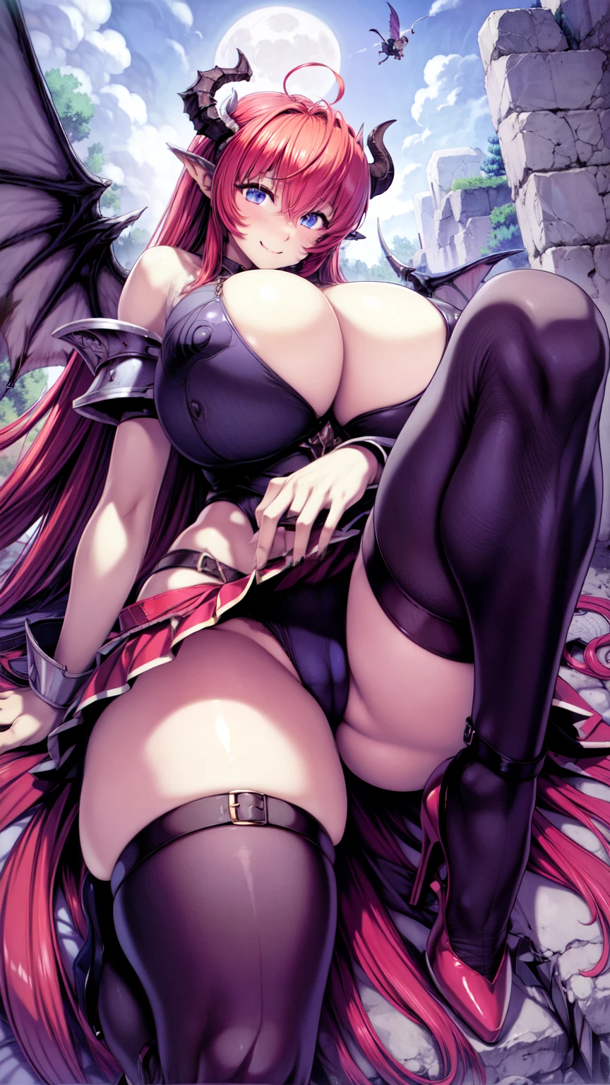 masterpiece, Highest quality,1girl,solo、field、Big Moon、night、Long nails、Manicure、fly in the sky、Floating in the air、Fantasy,Evil Eye、Sharp Eye、Grin、moving、Huge wide breasts、Succubus、Shoulder Armor、Bikini Armor、horn、Big Wings:1.2、Succubus、Red Hair、RAW Color、Narrow eyes、Knee socks、High heels 、Combat Ready、 Waiting to start、(black_thigh strap),