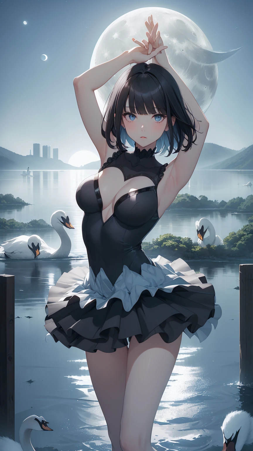 Highest quality, flying debris、Beautiful woman、Black Hair、(Dark blue eyes、Blunt bangs、Blunt bangs)、short hair、beginner,Full body portrait、break(Ballet Dancer、Gorgeous ballet dress、Tutu skirt:1.2)、break(((The lake of swan、Moonlit Night:1.3))),(Big Breasts:1.2)、((The fog is thick.))、BREAK((Black and light blue theme:1.2))