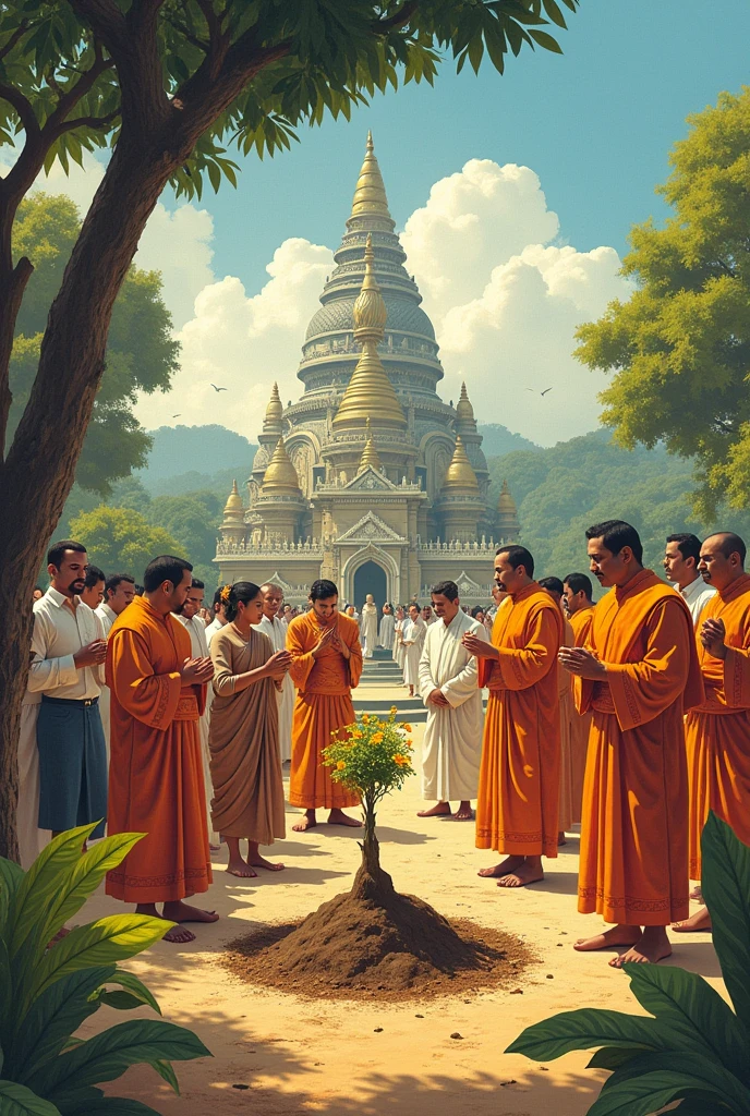 The Bo Tree Sapling Being Planted: An illustration of the moment when the sapling of the Bo tree (Sri Maha Bodhi) is being planted in Anuradhapura. The image might show the sapling being carefully placed in the ground with ceremonial activities and offerings