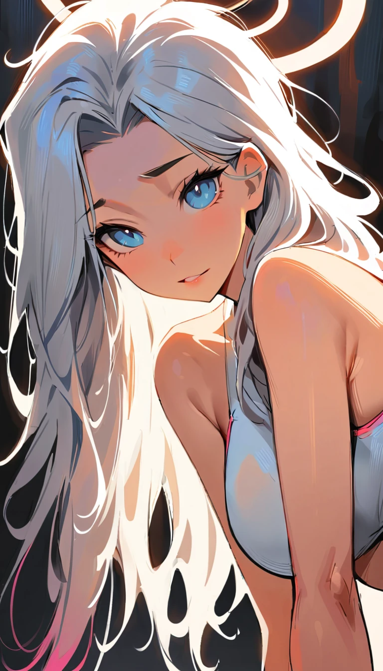 (masterpiece、Highest quality:1.2)、Anatomically correct、(One Girl:1.4)、Red cheeks、Detailed illustrations、Detailed face、(Flat Chest:1.3)、 female、(White bra only:1.6)、(Platinum Blonde Hair、Straight Long Hair:1.5)、Embarrassed look、Real Stick、(White skin)、Expose your shoulders、(Upper body close-up:1.5), takamichi style