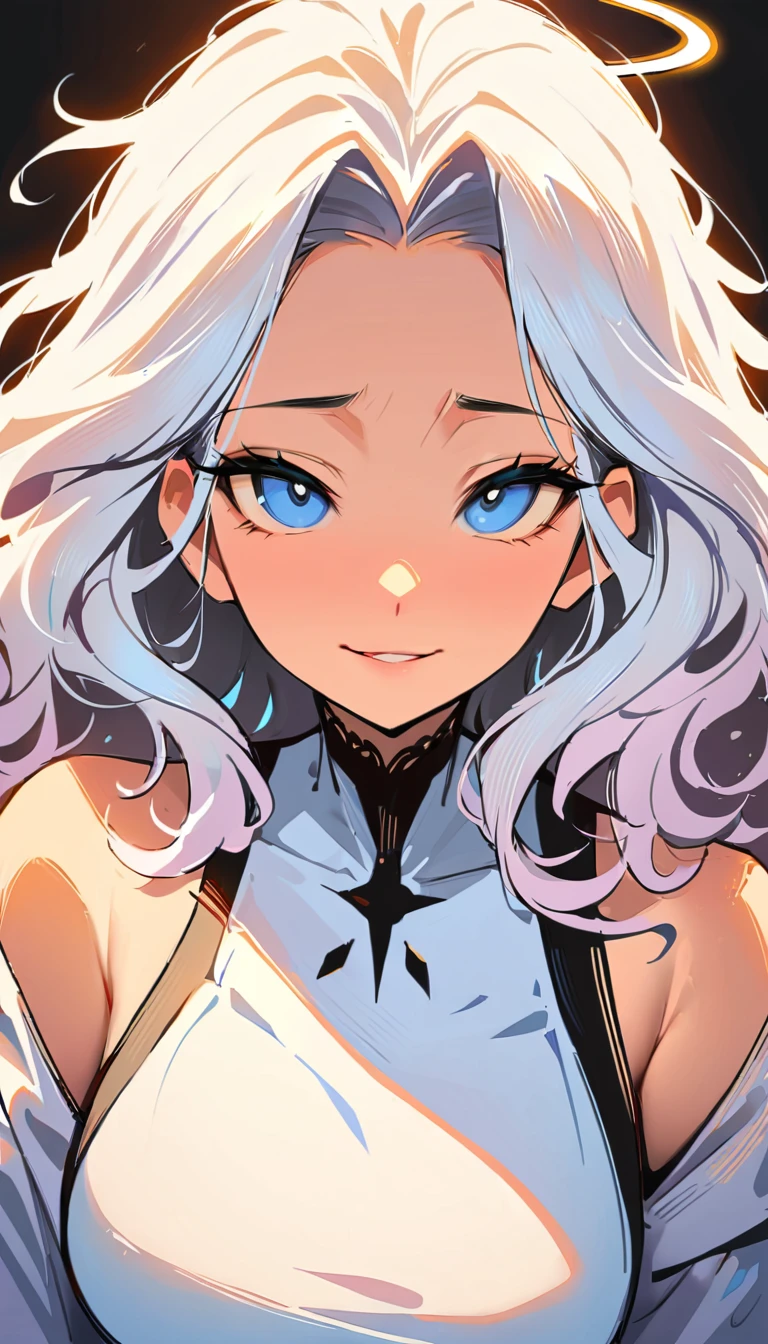 (high quality, 8k, 4K, high contrast, artwork:1.2, high quality, best aesthetics), (centered), ((1 woman)), erotic, sensual, mature body, grown woman, super detailed, beautiful face detailed, beautiful eyes detailed, detailed beautiful mouth, (white hair), (long wavy white hair), (blue eyes), (black eyeliner), (calm expression), (white medieval armor with pink details), (shoulder pads), (long pink cape), (short pink skirt), (pink angel halo), (pink panties), (sitting on a rock), (front view), (looking at the viewer), (big breasts), (wide thighs), (in the middle of a forest), (beautiful blue sky)