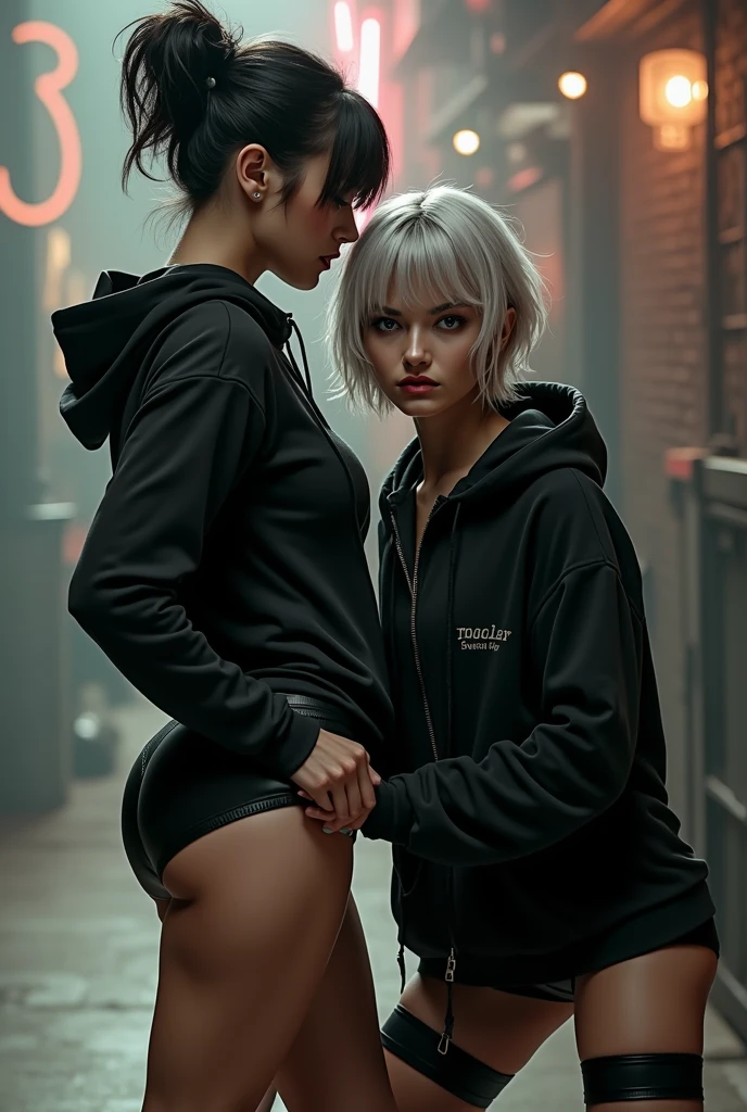 black woman hair in a bun black hoodie black leather short shorts old ugly woman short hair in mans clothes behind her squeezing her cheeks in club camera front shot porsbian