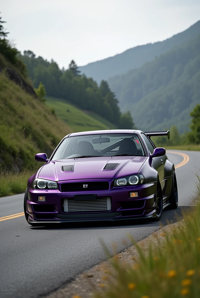 An R34 GTR Car in the color of dark purple matte on the road