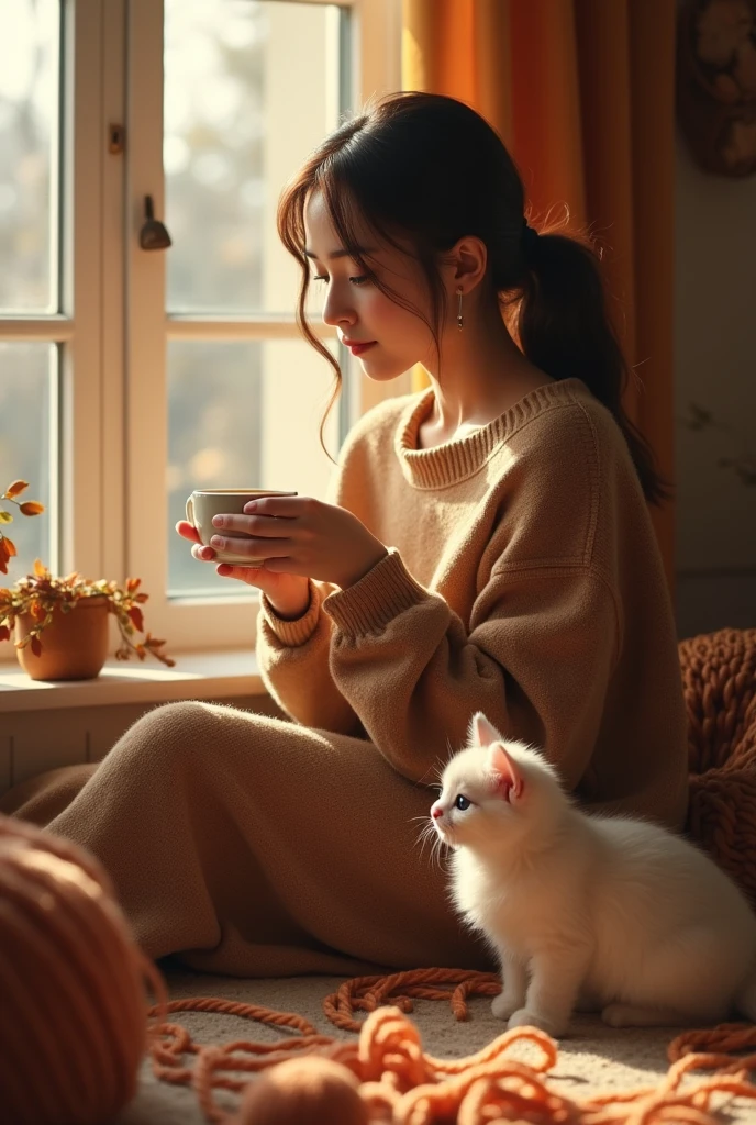 A cozy image of a girl sipping tea while wearing a cashmere sweater(brown) weather is warm kind of giving fall vibes staring at a persian kitten playing with yarns