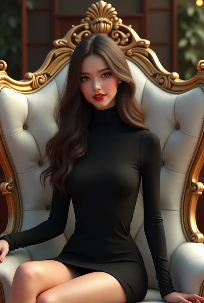 Pretty 25 yrs old girl with long hair wearing black turtle neck dress and red lipstick sitting in the white royal chair putting the hand in armchair. 3D semi animated portrait full image