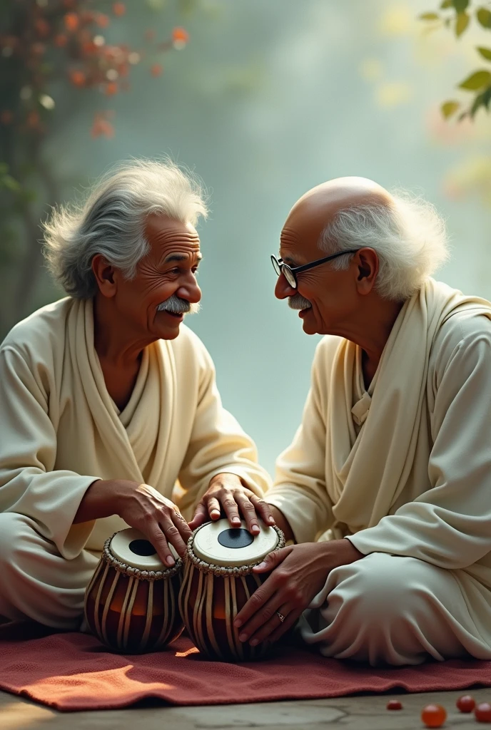 Einstein playing tabla with Mahatma Gandhi 