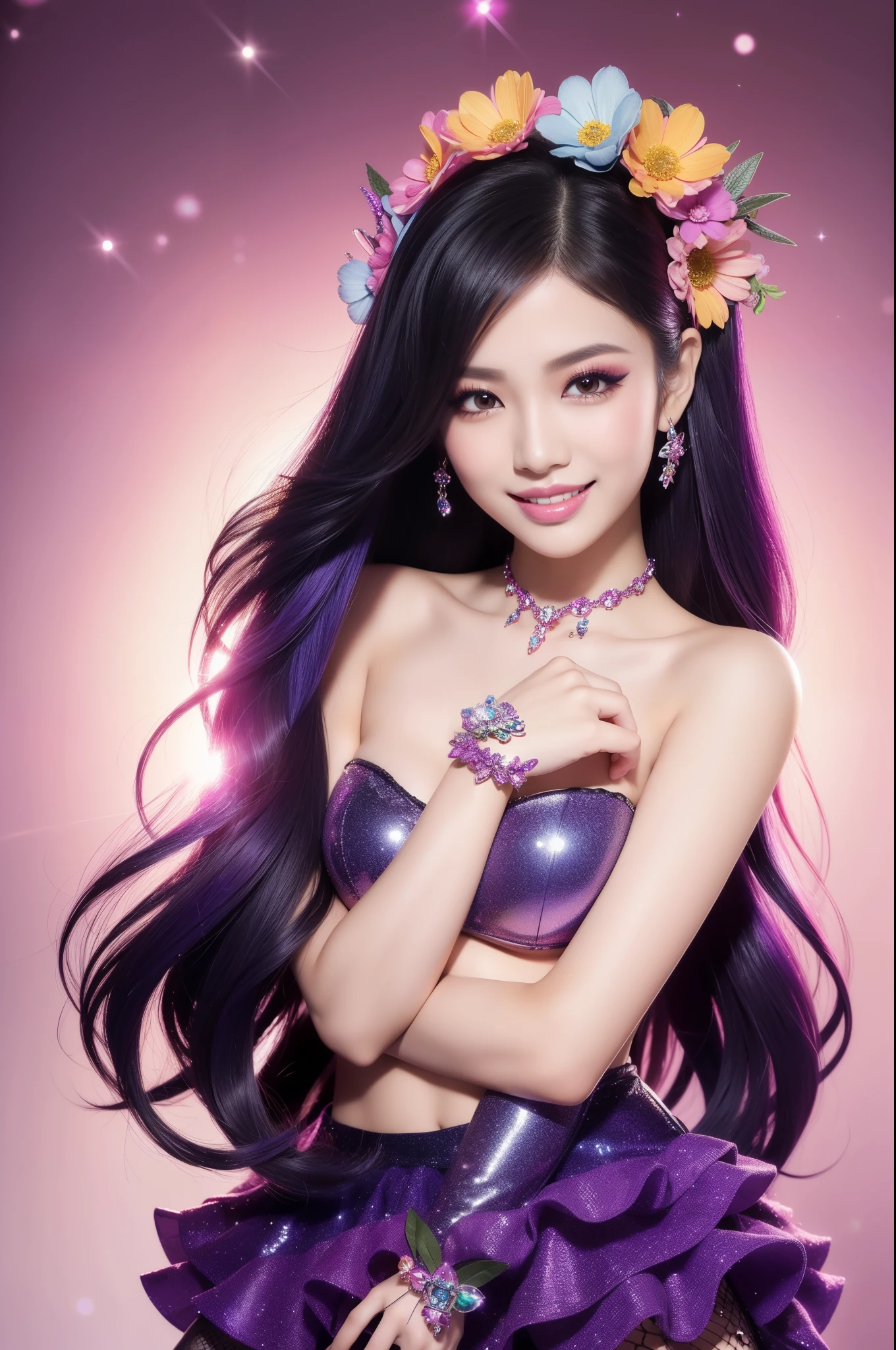 sexy Thai model who controls poison、beautiful smile、lipgloss、long lashes、smokey eyeshadow、look at the camera、full body Esbian、、sparkling poisoned flower costume、、、、sparkling Colorful hair、secrete poison、skull hair accessories、fishnet tights、shiny sparkling flowers background